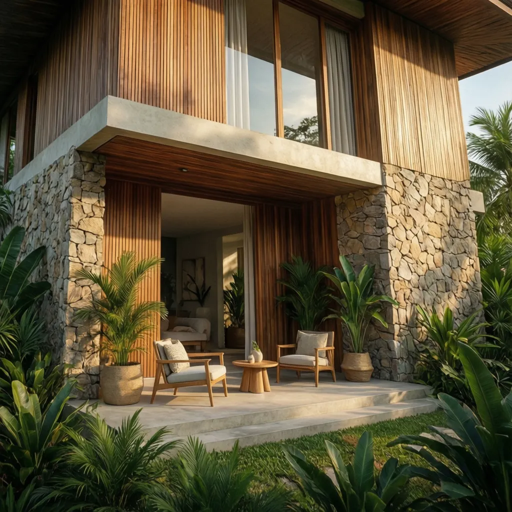 Fachada con combinación de piedra natural y madera