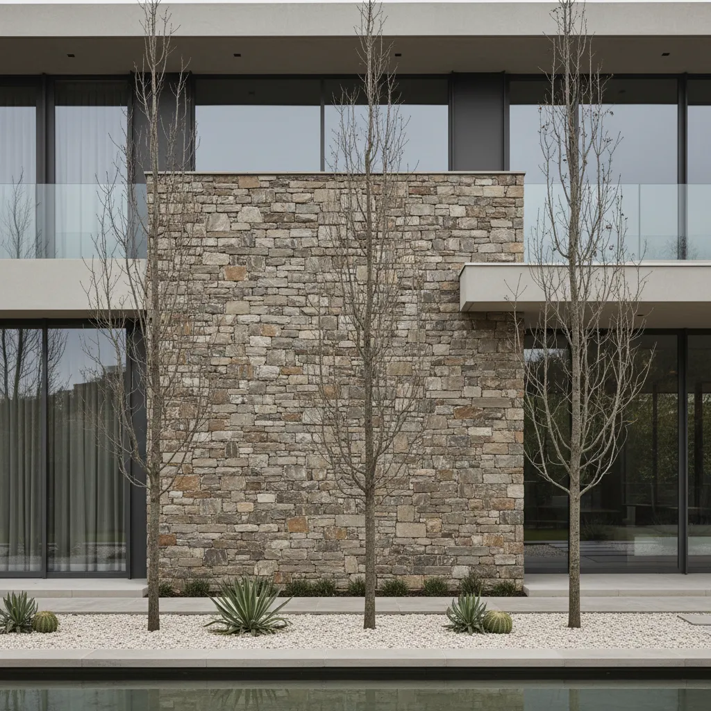 Fachada de casa moderna con muro de piedra y jardín minimalista
