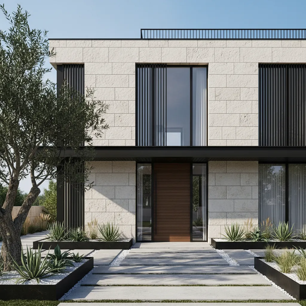 Casa moderna con fachada de piedra clara y detalles en metal negro