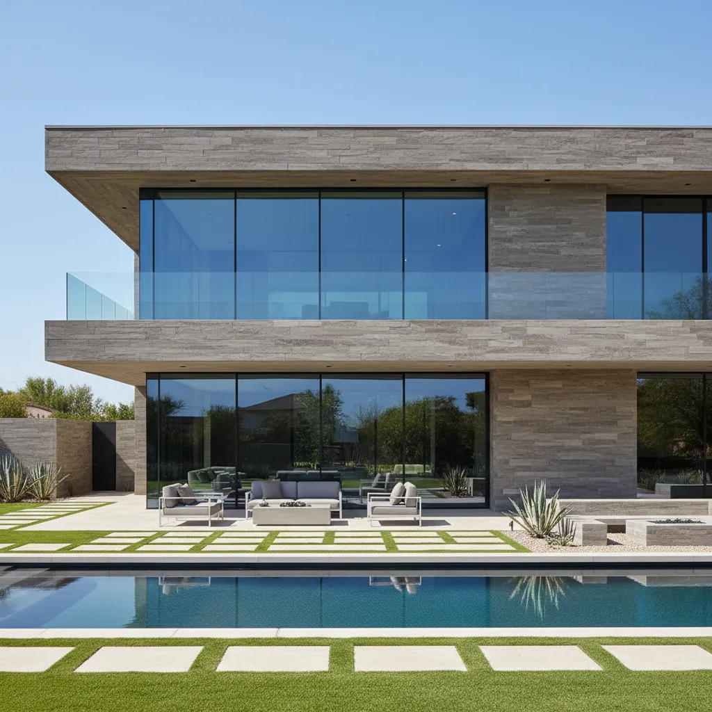 Casa moderna con fachada de piedra natural y grandes ventanales.
