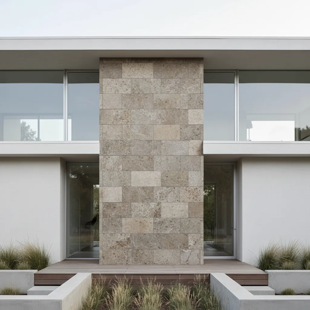 Fachada de casa moderna con volumen central revestido en piedra