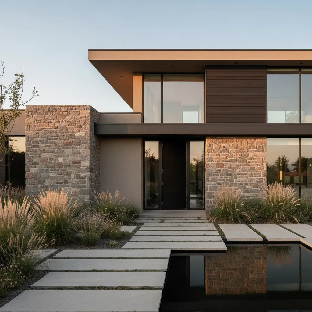 Casa contemporánea con diseño equilibrado de muros exteriores y grandes ventanas