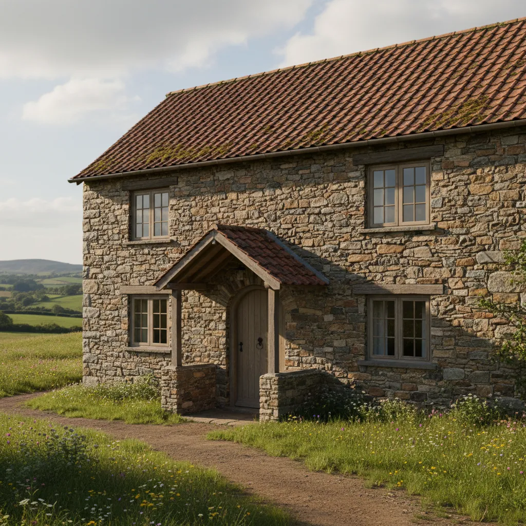 Casa rural con fachada de piedra natural y techo inclinado