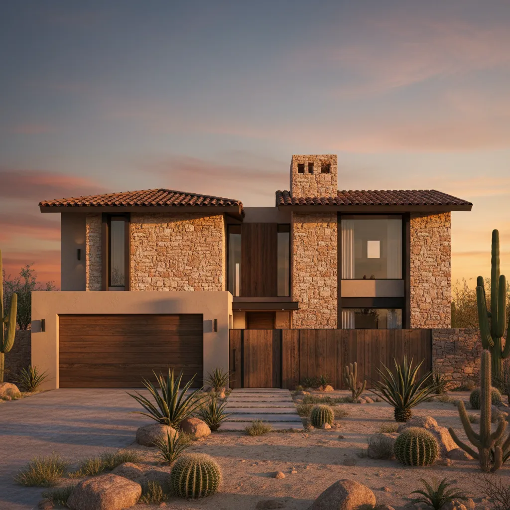 Casa moderna con fachada rústica de piedra y madera