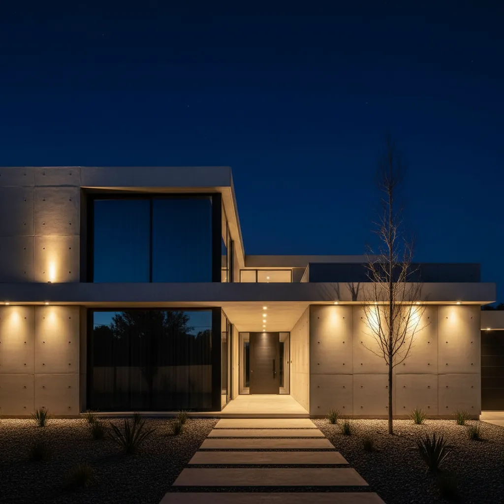 Casa moderna sencilla con iluminación exterior nocturna