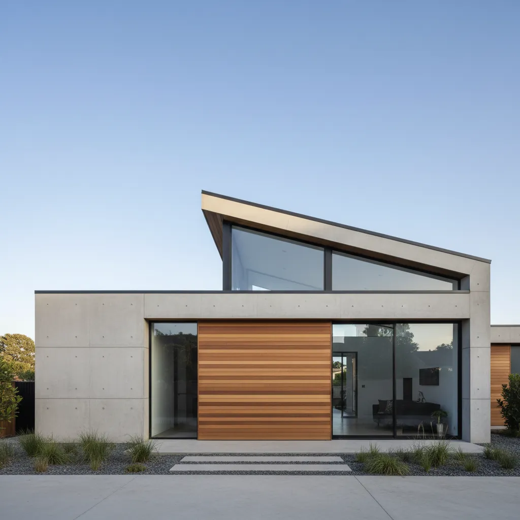 Fachada de casa moderna con tejado a una agua