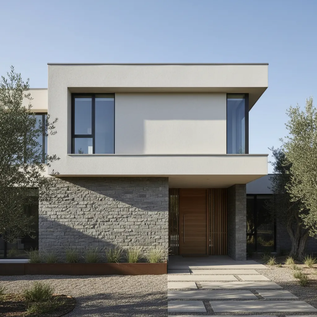 Fachada de casa moderna con diferentes volúmenes y texturas en el muro exterior