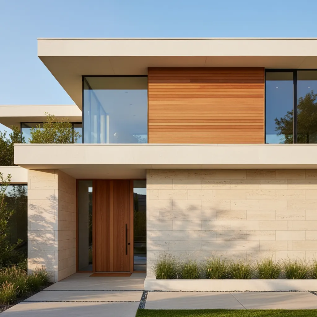 Casa moderna combinando travertino con madera natural