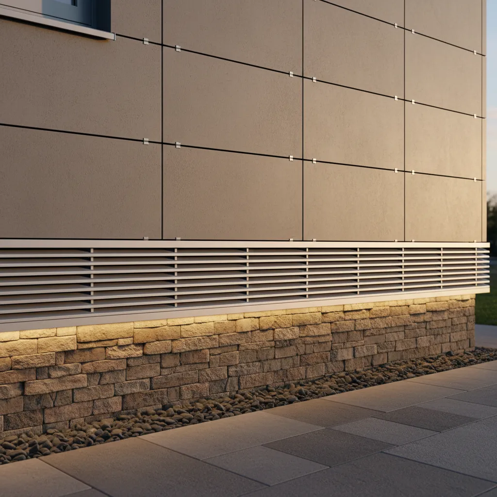 Detalle de zócalo en fachada ventilada de vivienda unifamiliar