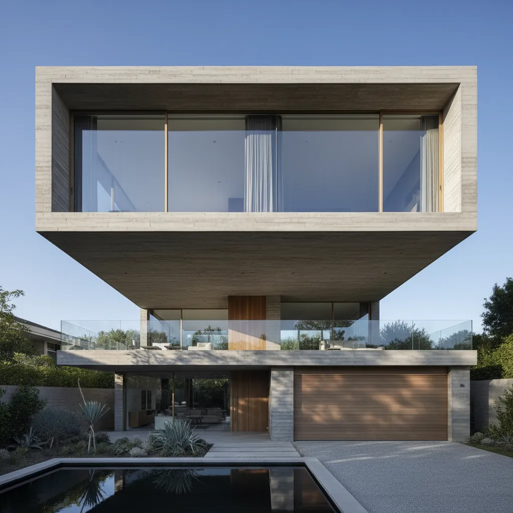 Casa moderna con voladizo arquitectónico en el segundo piso.