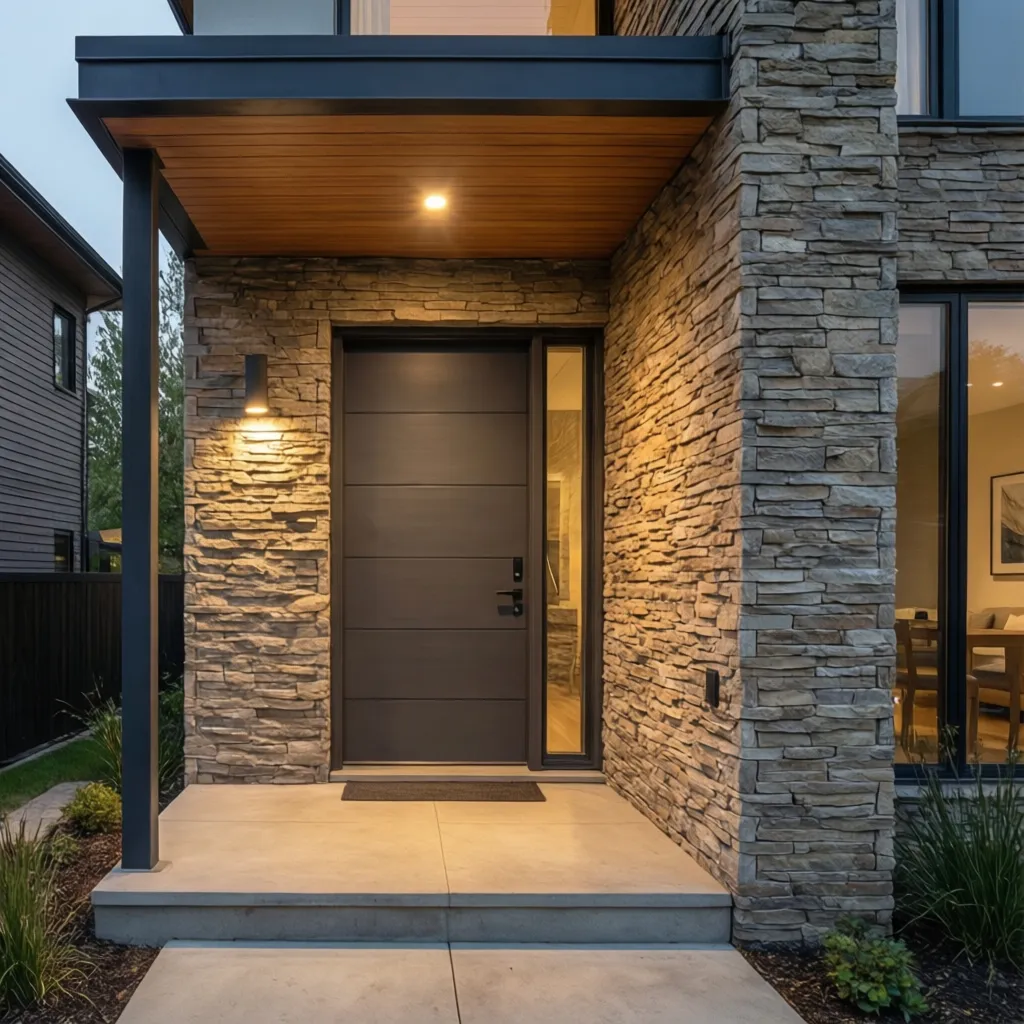 Entrada de casa moderna con pared de piedra decorativa tipo fachaleta