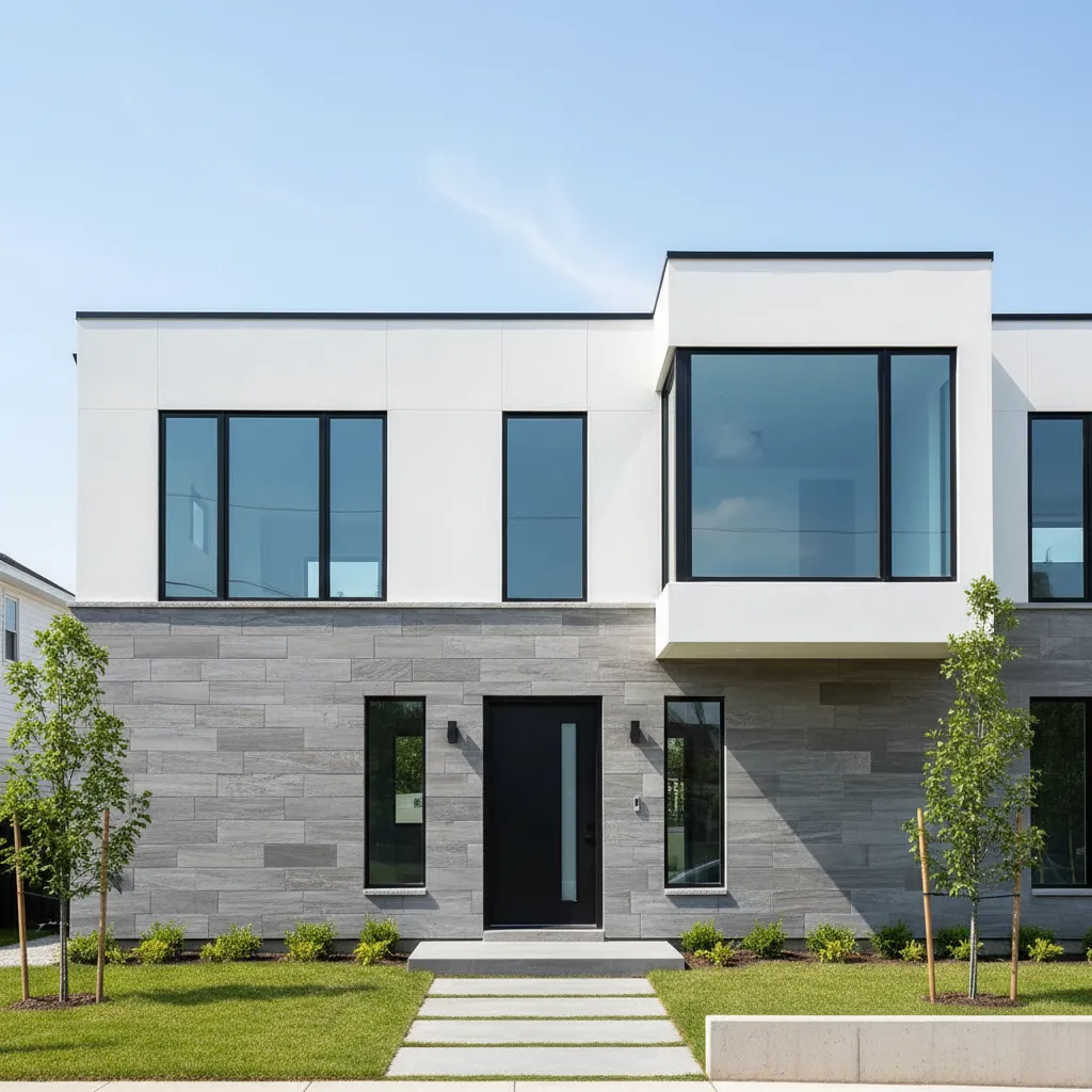 Fachada de casa contemporánea con revestimiento de piedra gris y muros blancos