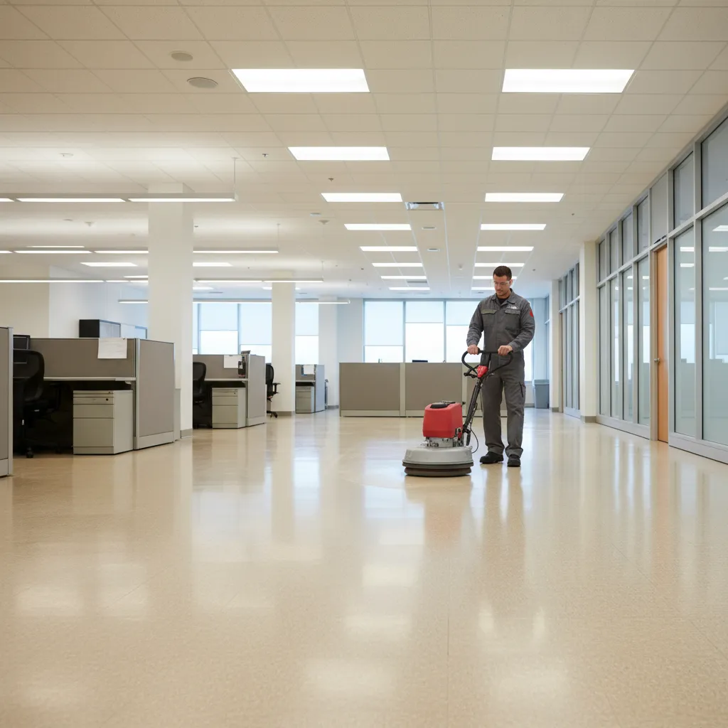 facility maintenance team using rotary machine on linoleum floor