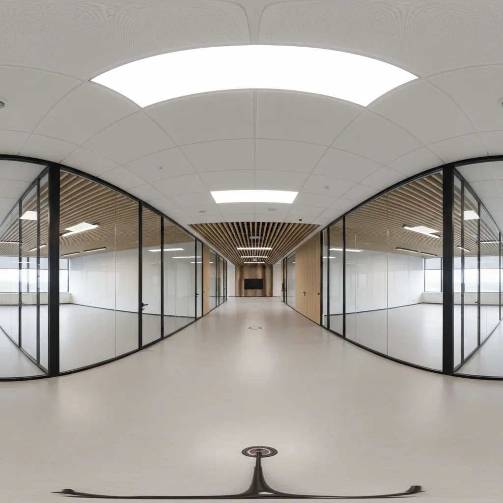 Large office corridor captured with 360 camera for facility management documentation