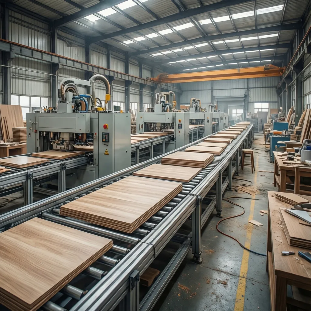 Factory cabinet finishing line with spray coating equipment