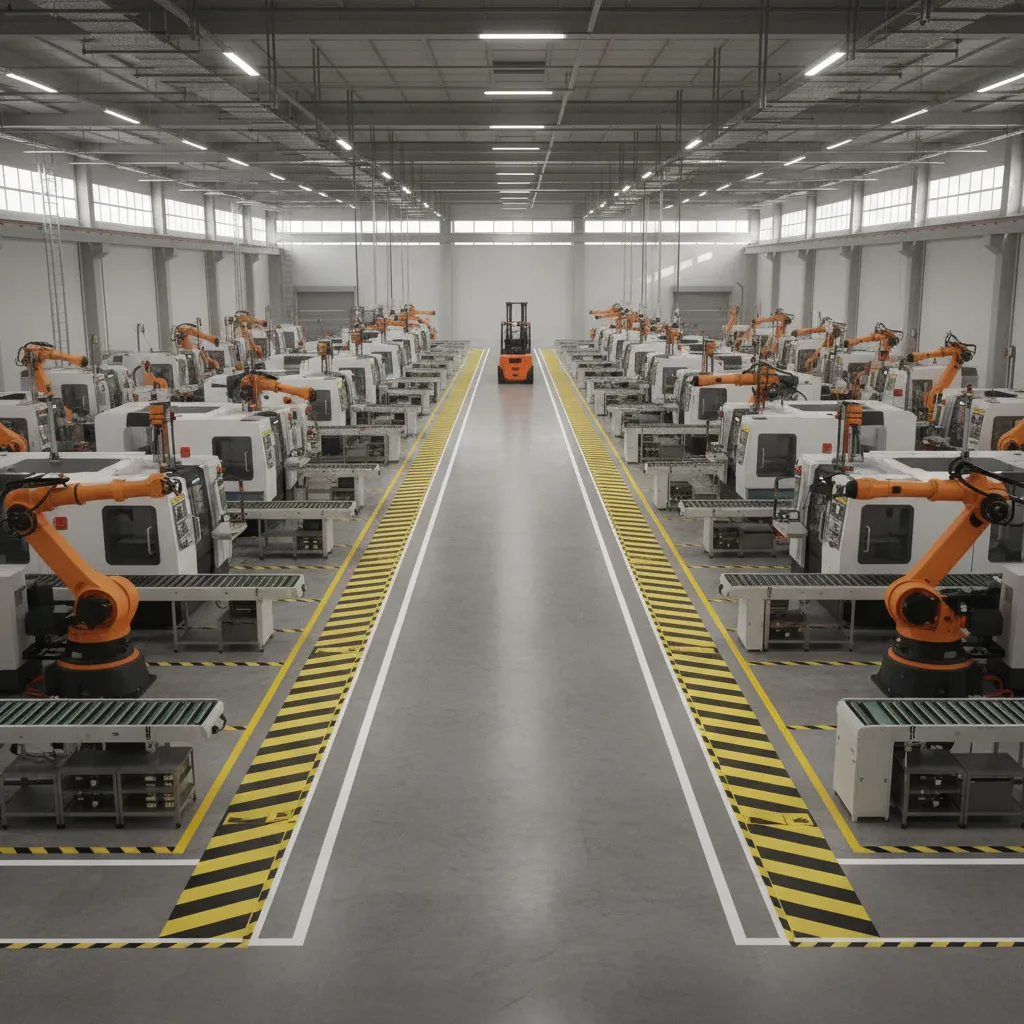 factory layout showing proper spacing between machines and wide forklift aisles