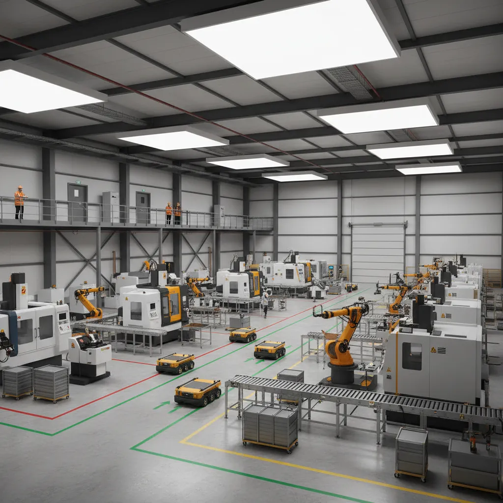 factory shop floor layout planning with machinery zones and workflow paths