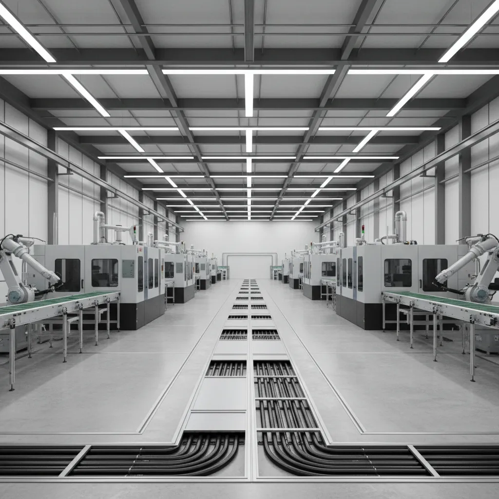 Manufacturing facility floor showing organized piping trenches and production zones