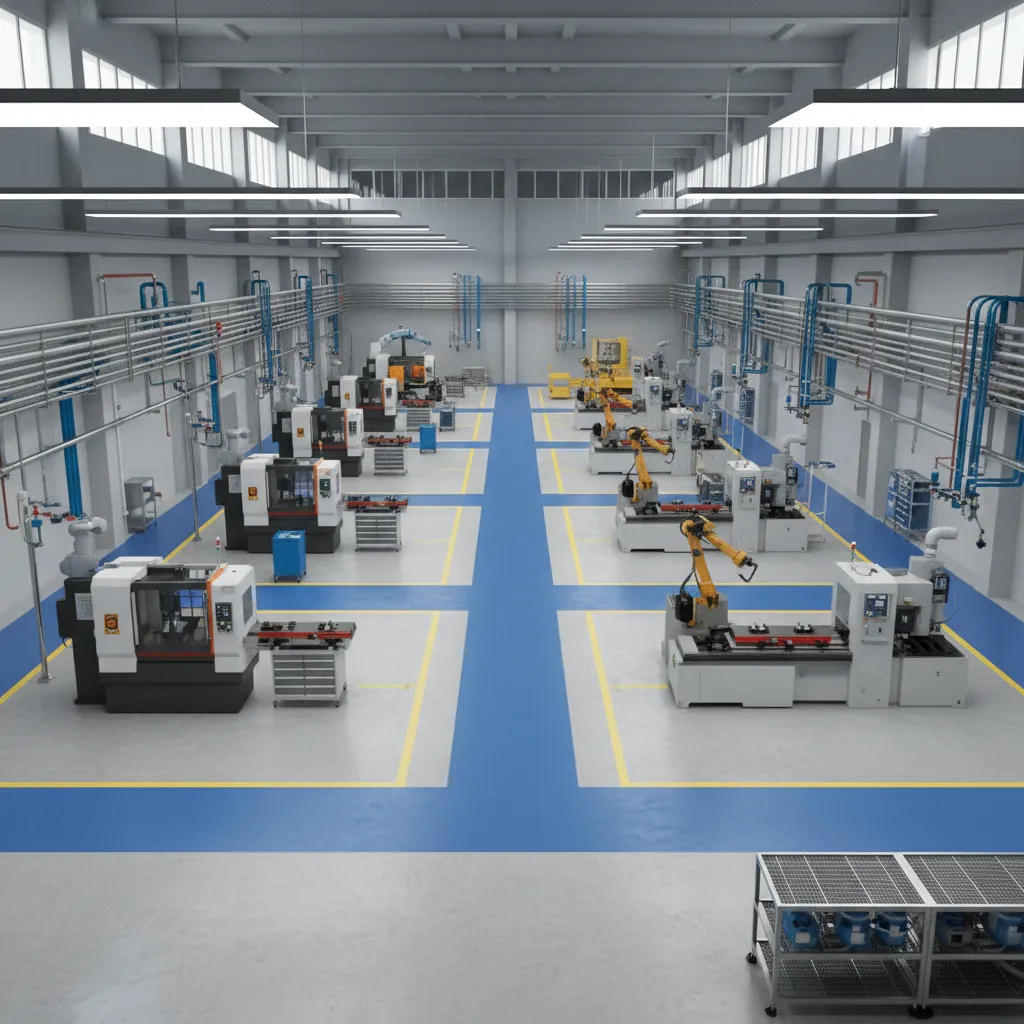 Factory floor showing separated equipment zones and utility piping routes