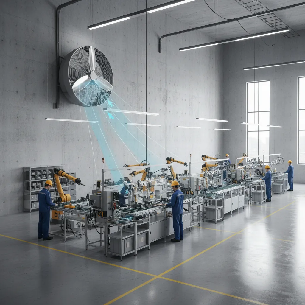 High speed wall fan installed in an industrial factory workspace