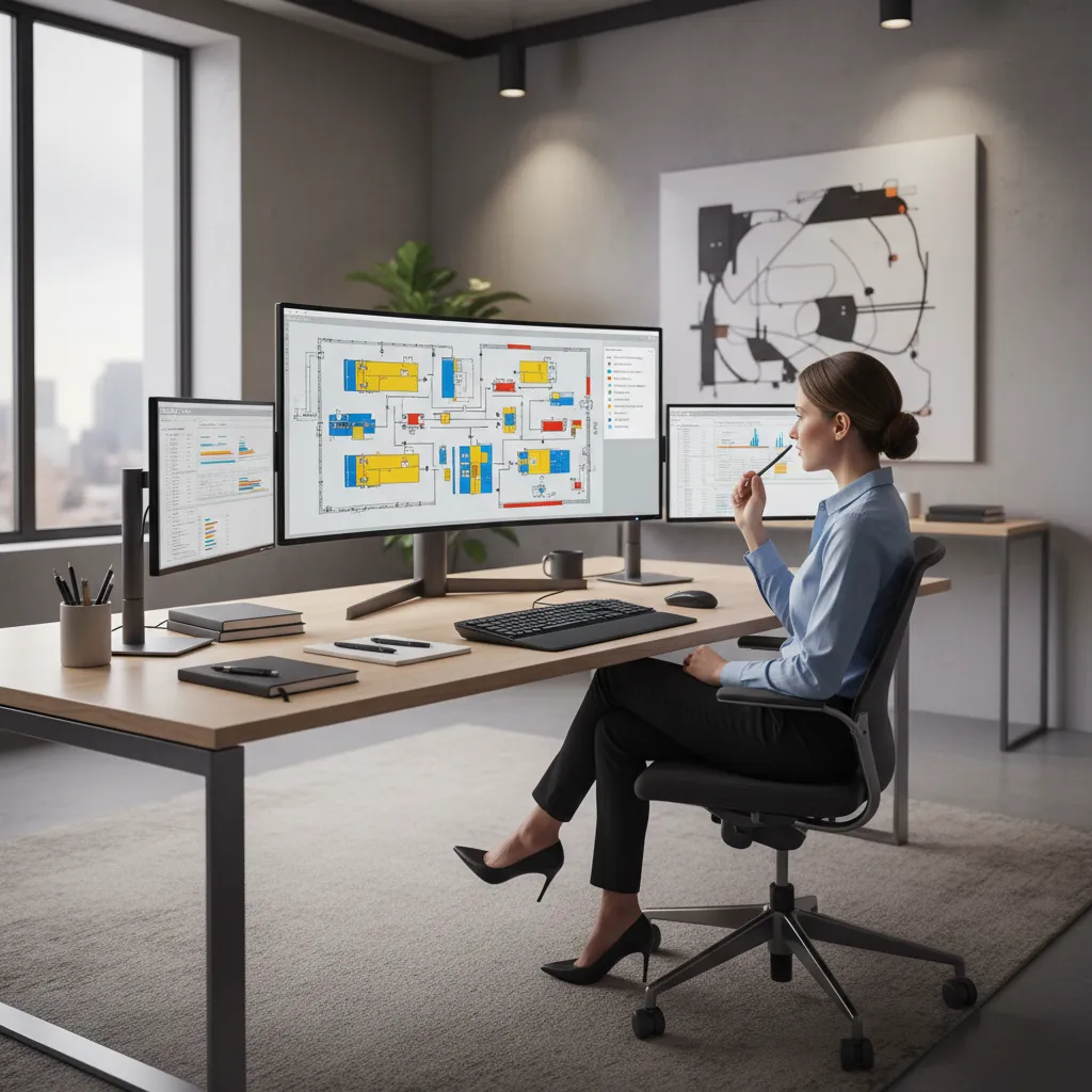 Engineer reviewing a digital factory layout on a large monitor with machines arranged on a shop floor plan