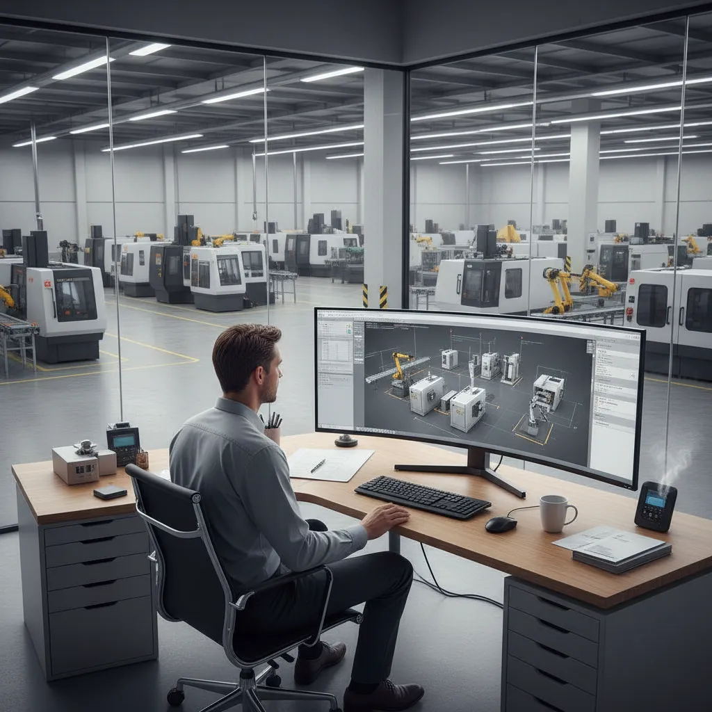 Engineer reviewing digital shop floor layout with multiple machines