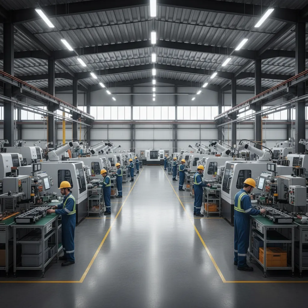 large manufacturing factory floor with machines assembly lines and organized work areas