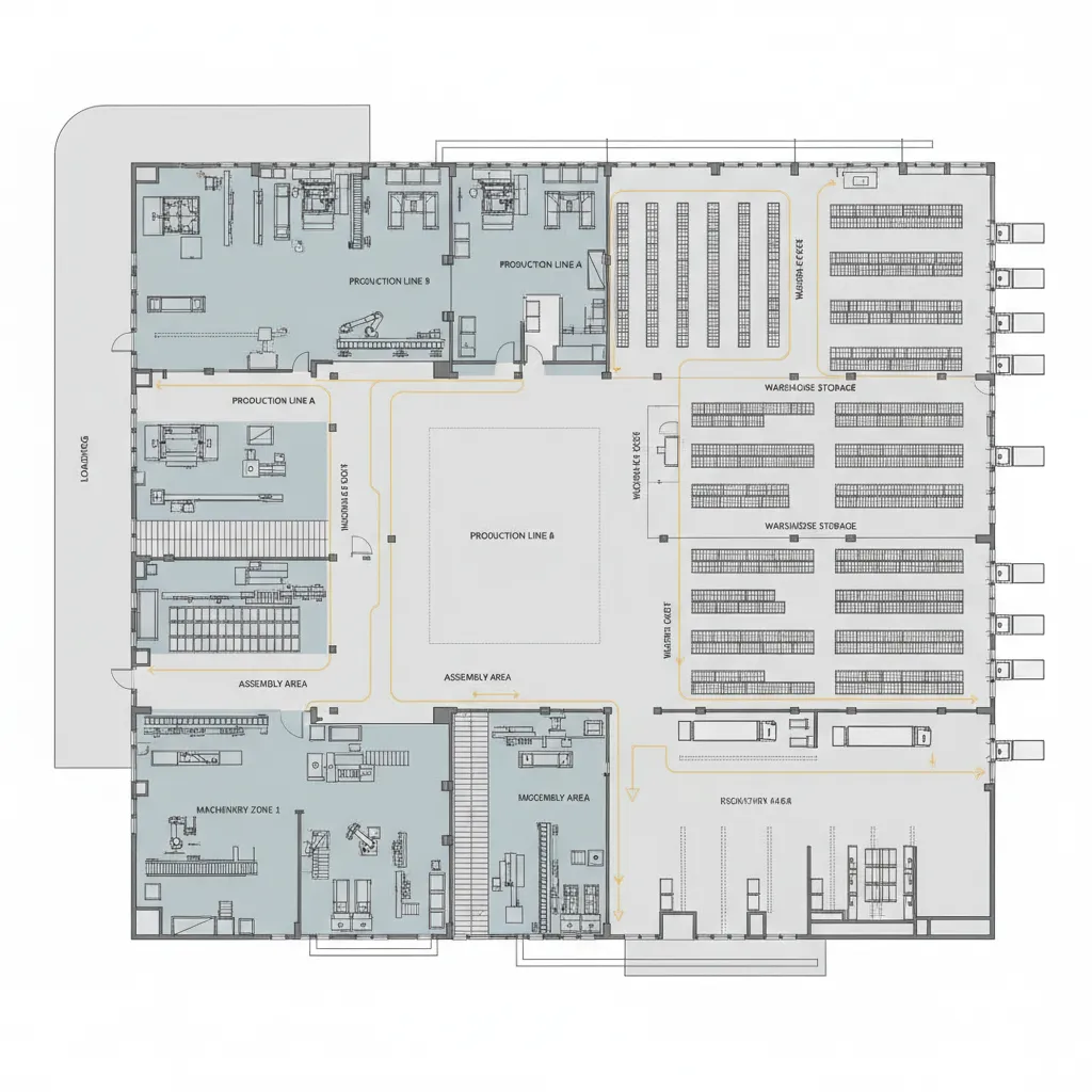 sơ đồ luồng sản xuất và khu chức năng trong nhà xưởng