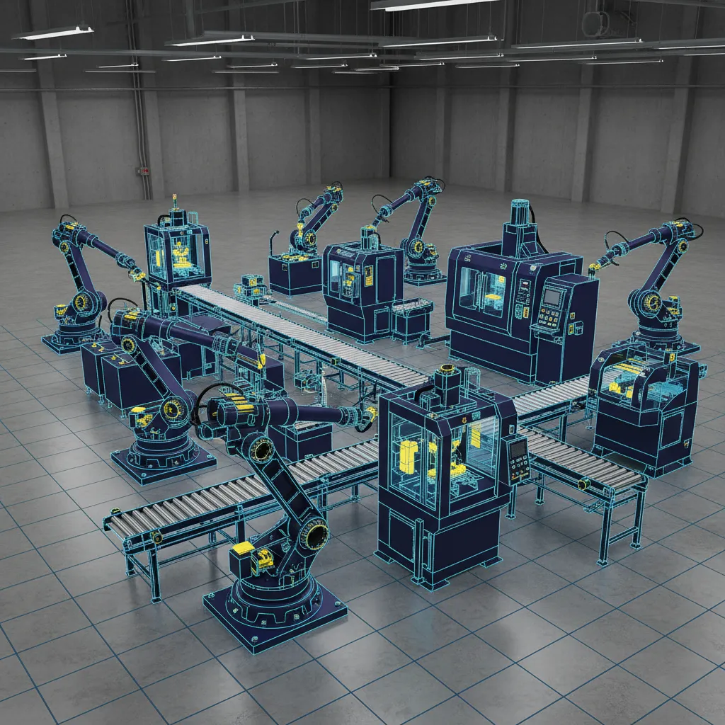 factory production line layout modeled in 3D with machinery spacing