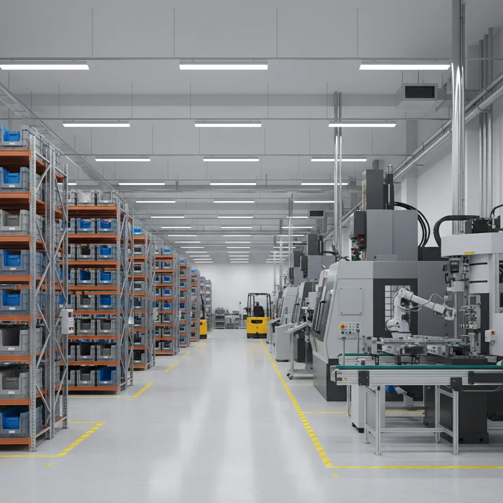 industrial factory layout with storage racks production machines and clear forklift aisles