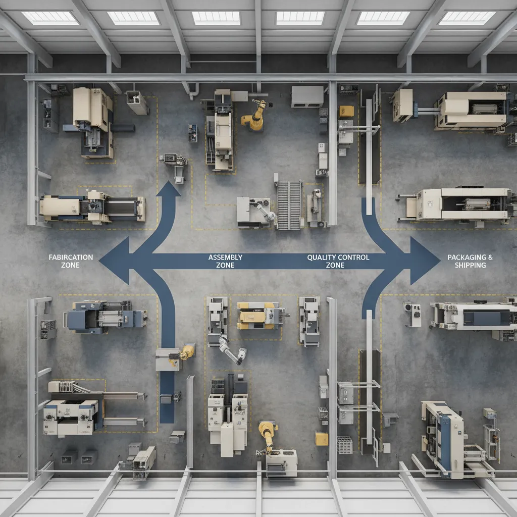 Top view factory layout showing machine zones and workflow paths