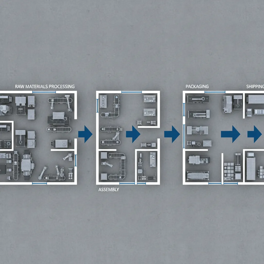 factory workflow layout showing raw material processing assembly and shipping zones