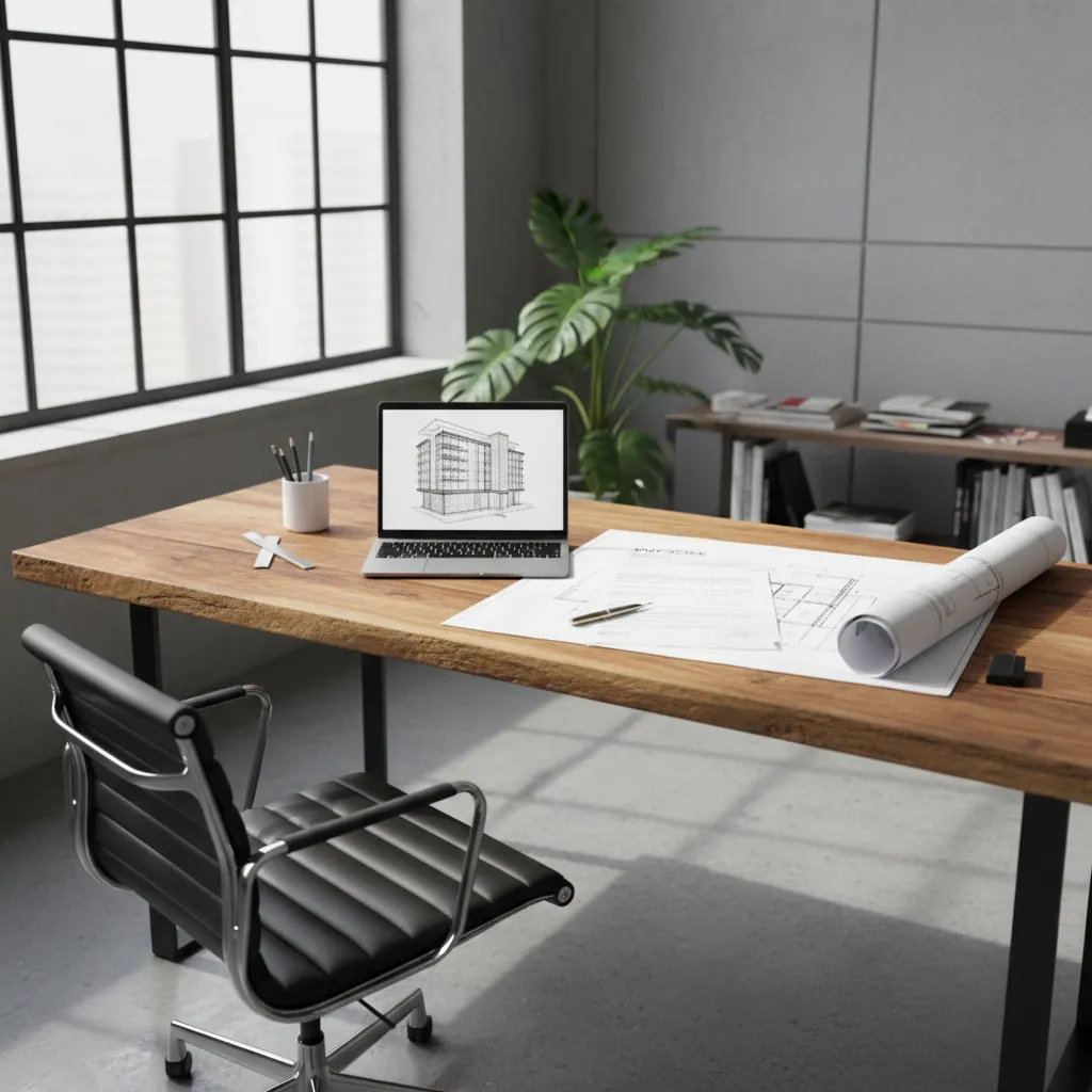 Factura de diseño interior sobre una mesa de trabajo con planos arquitectónicos