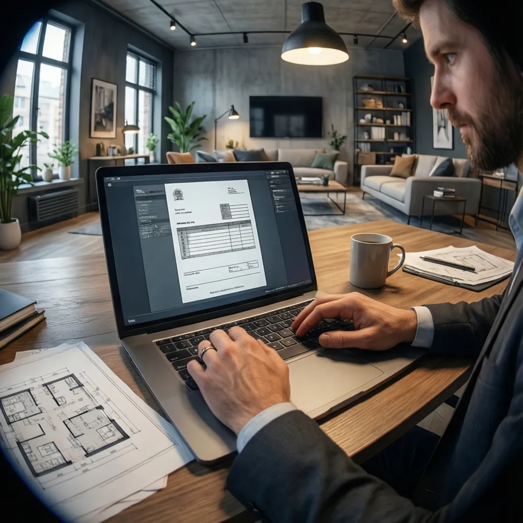 Diseñador de interiores revisando presupuesto y factura en ordenador portátil