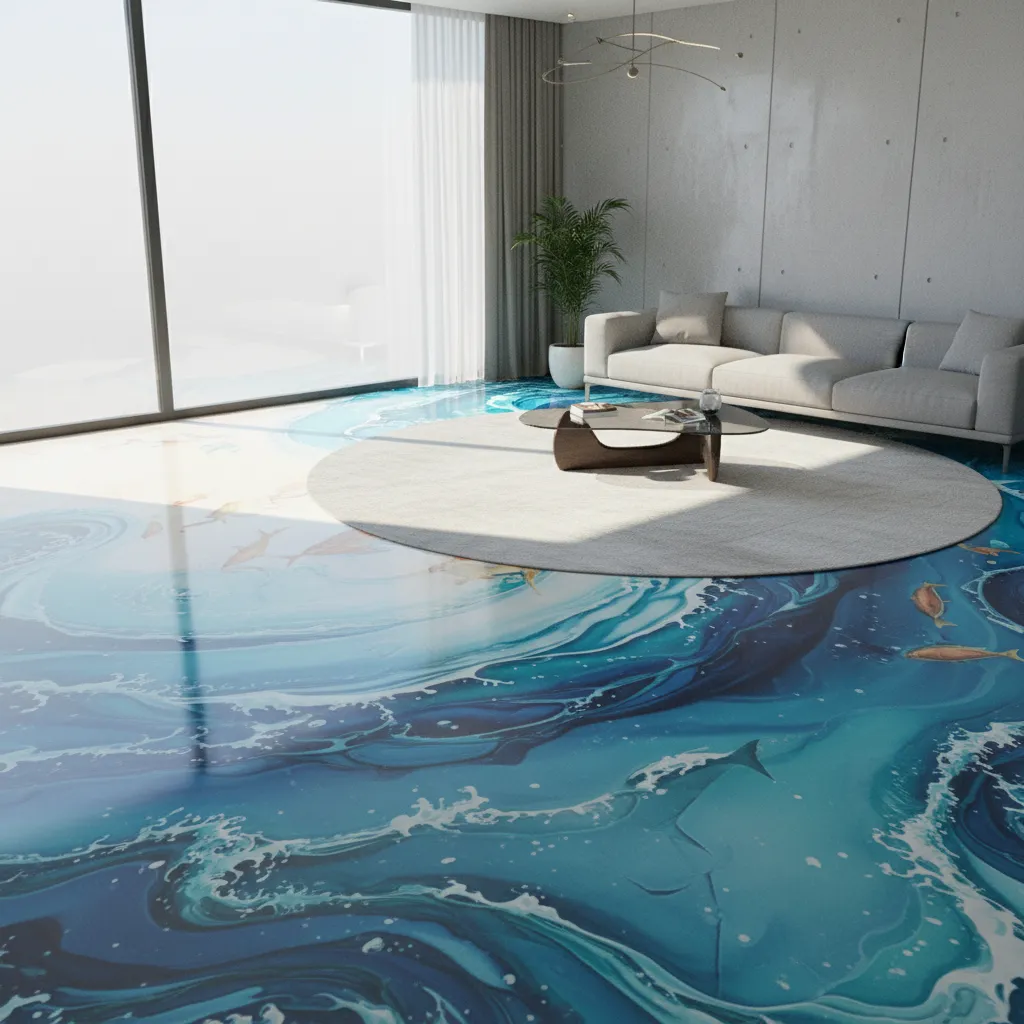 Faded 3D epoxy floor design caused by UV exposure