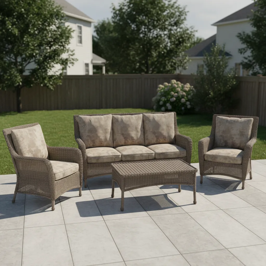 sun faded outdoor patio cushions on wicker furniture