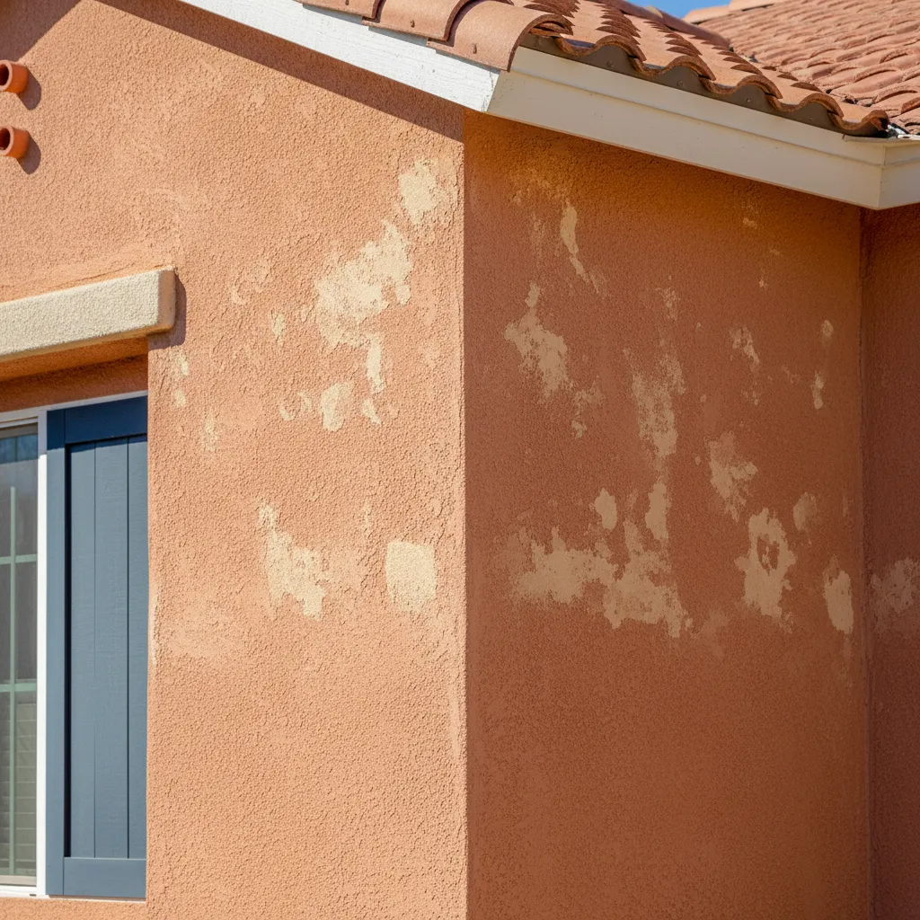 Sun faded exterior stucco wall showing uneven color