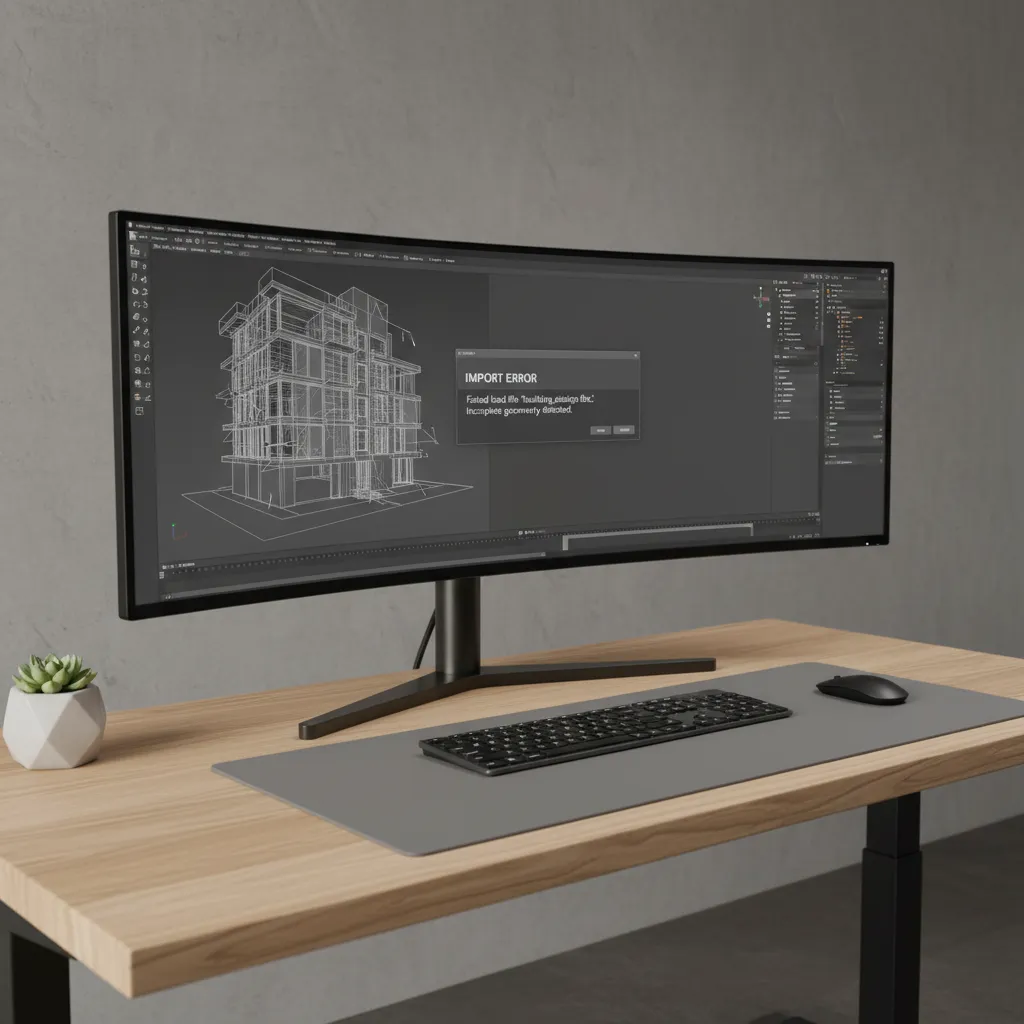Computer screen showing failed 3D model file error during import