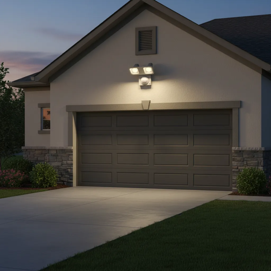 Outdoor motion sensor light mounted on house wall with visible sensor unit