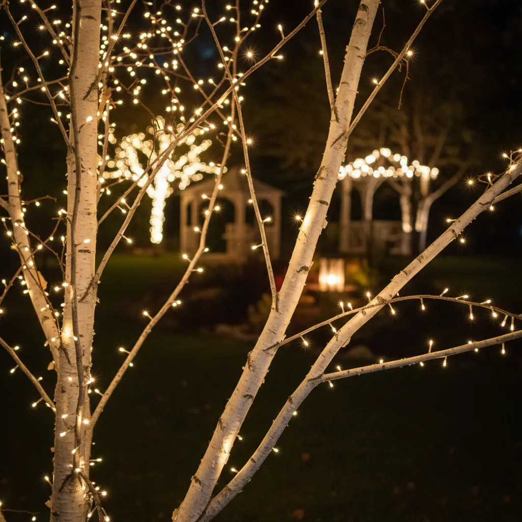 Birch tree branches decorated with delicate fairy lights at night