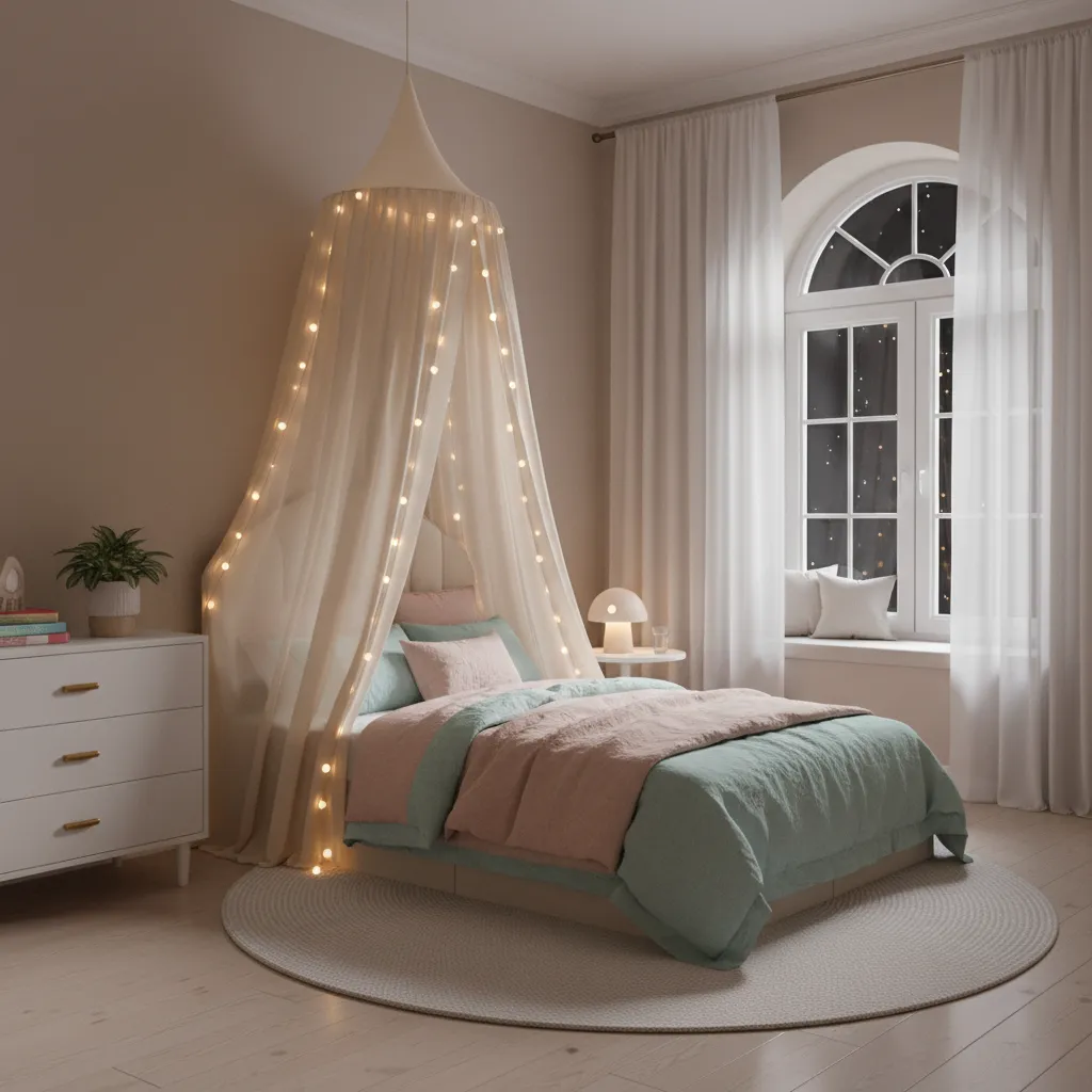 warm fairy lights draped over canopy bed in children's bedroom