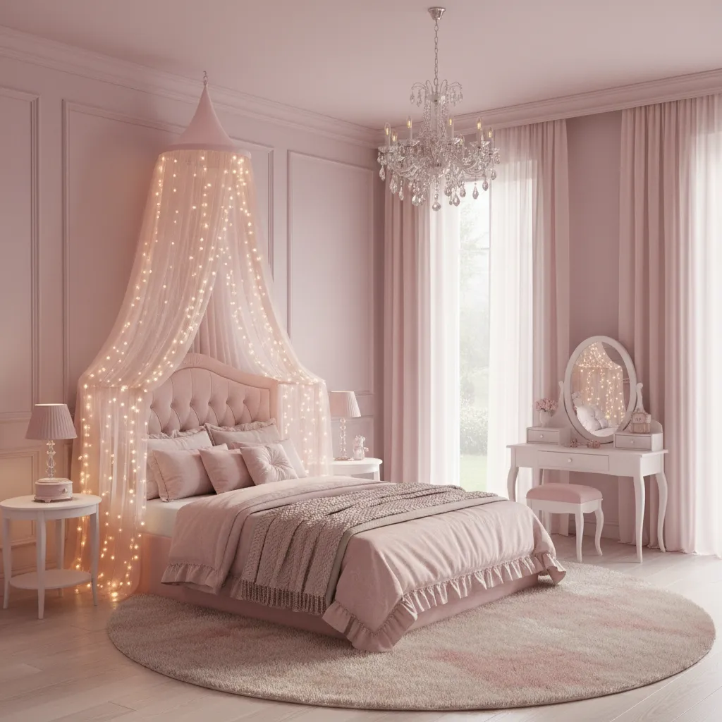 Fairy lights wrapped around canopy bed in princess bedroom