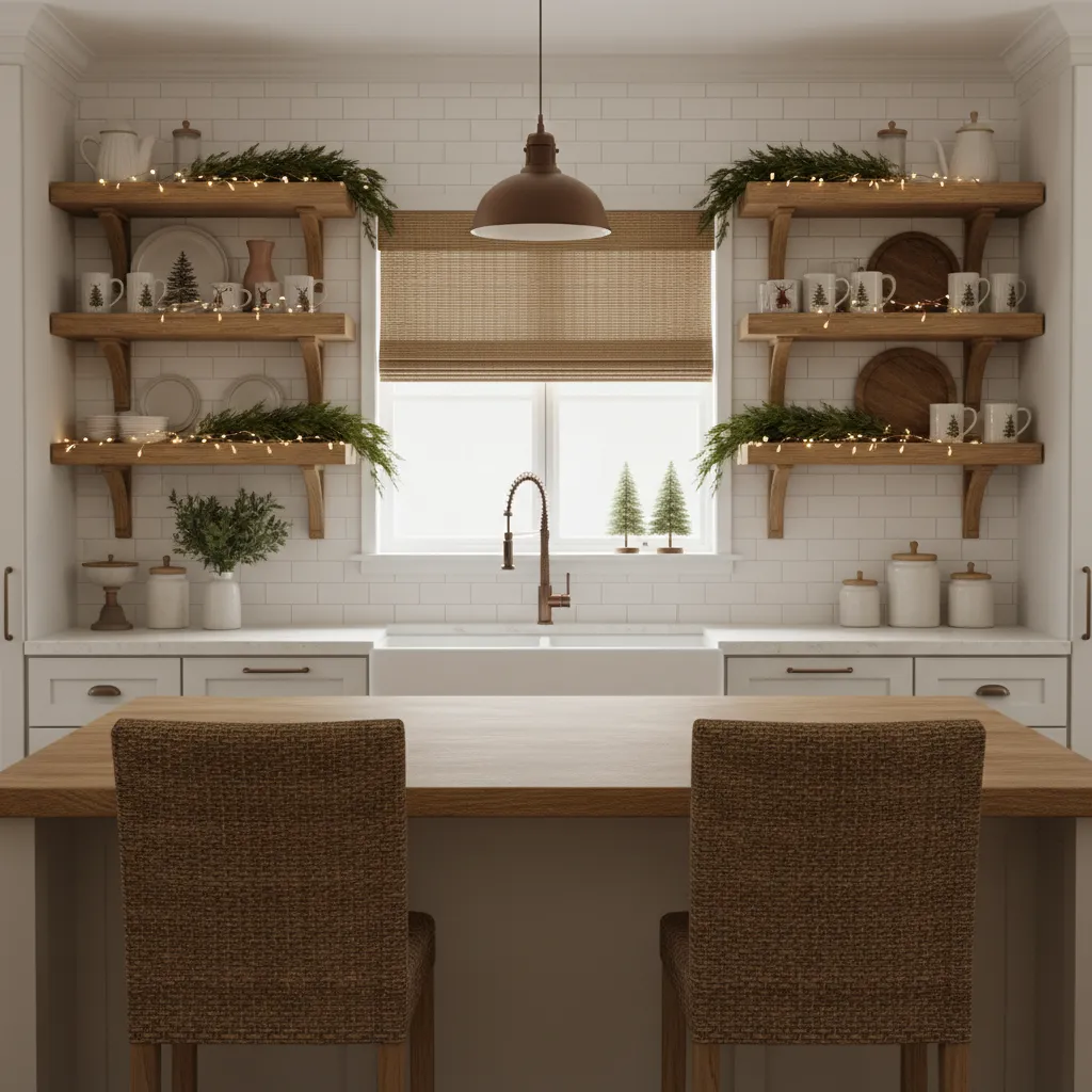 Fairy lights decorating open kitchen shelves and cabinets