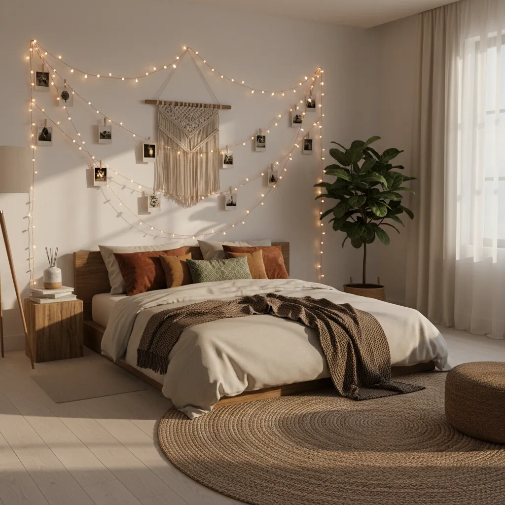 Fairy lights draped across bedroom wall creating ambient lighting