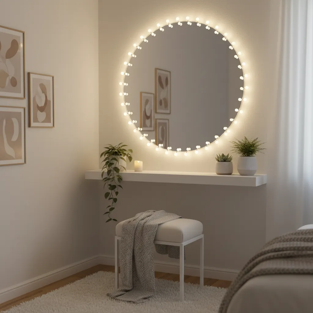 fairy lights decorating wall mirror and plants