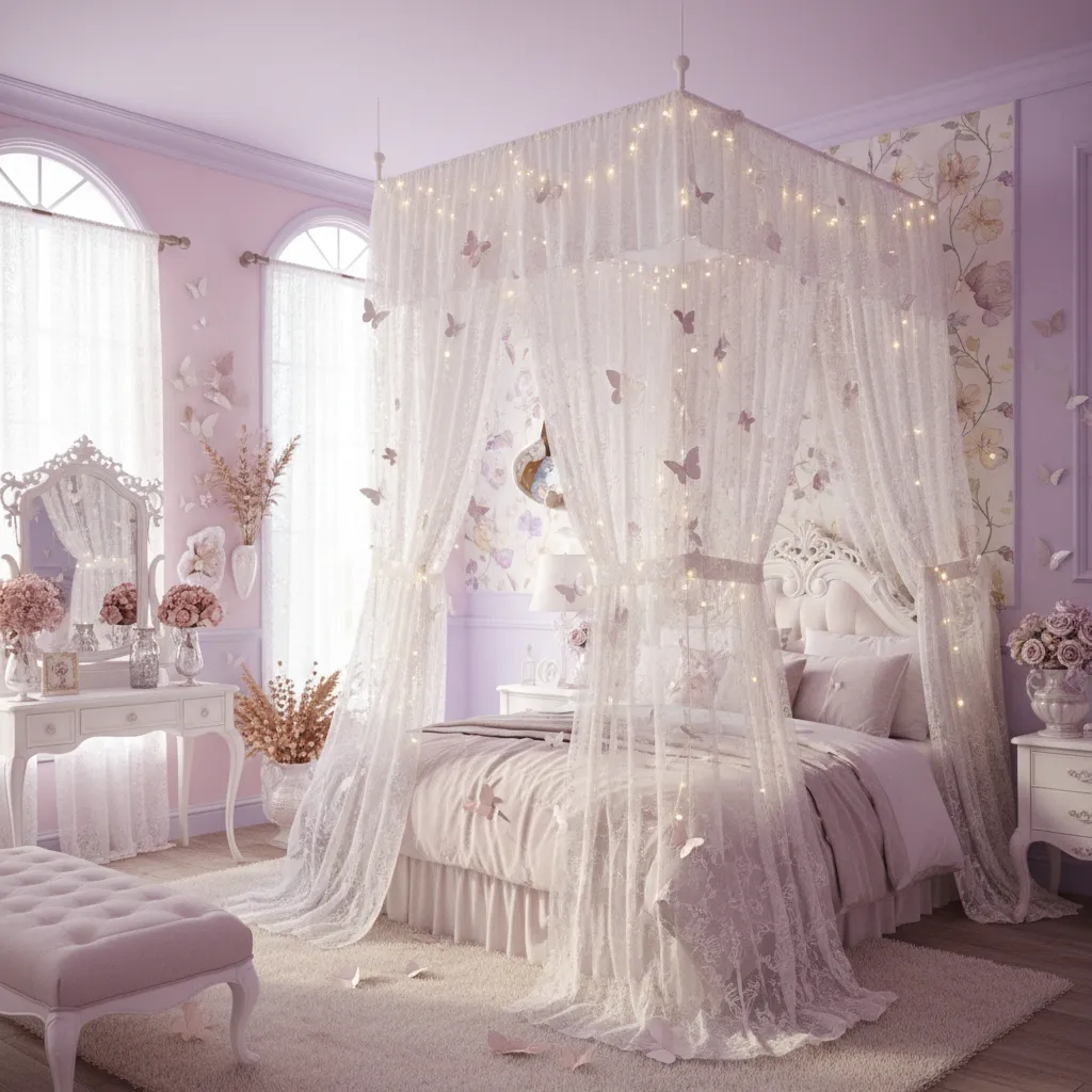 Pastel fairycore bedroom with butterflies and soft fairy lights