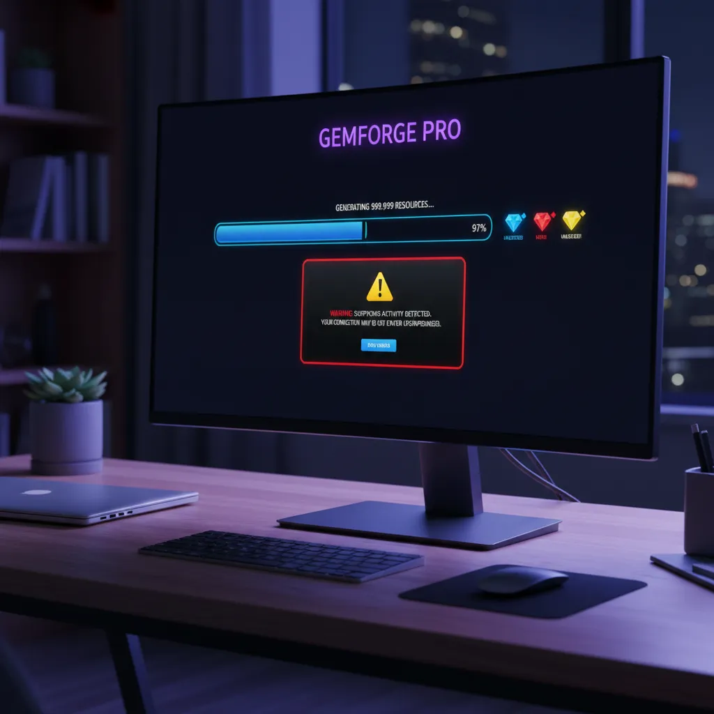 Concept illustration of a suspicious diamond generator website with security warning