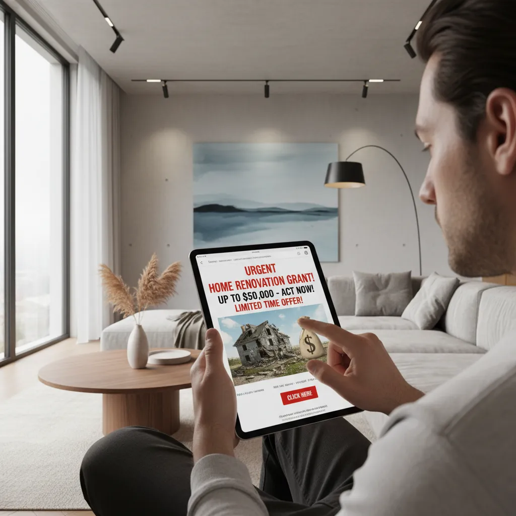 conceptual illustration of suspicious online ad promising free renovation money