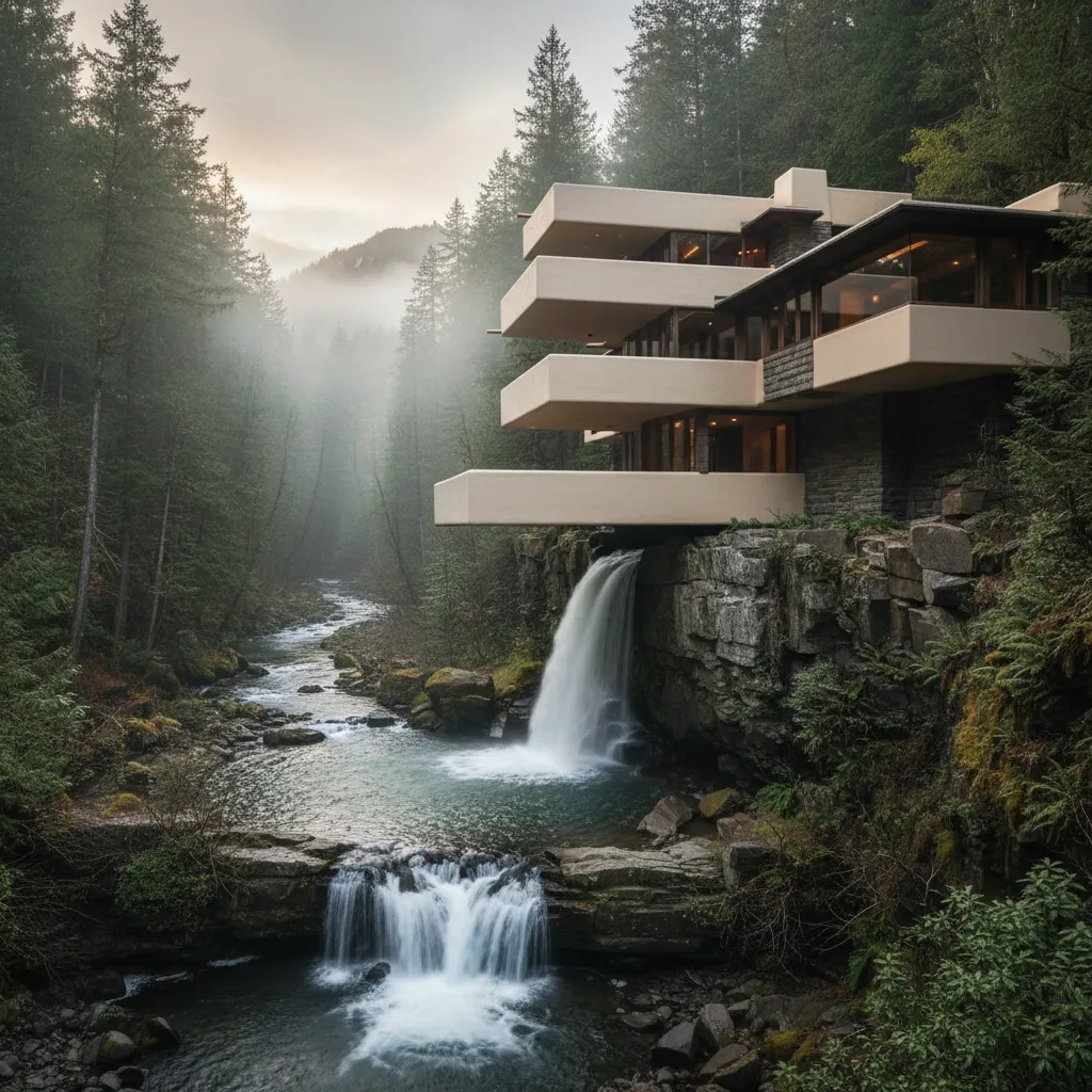 Casa Fallingwater construida sobre una cascada rodeada de bosque