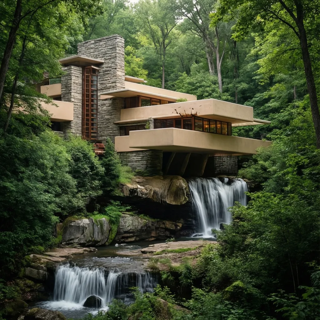 Casa moderna inspirada en Fallingwater con terrazas sobre una cascada